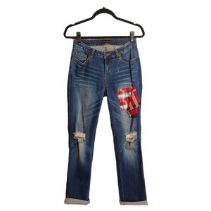 NEW POETIC JUSTICE Red Plaid Print Patch Distressed Straight Leg Blue Jeans 31